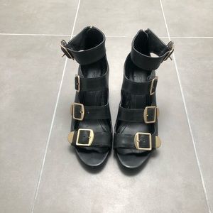 BCBG Black leather wedges